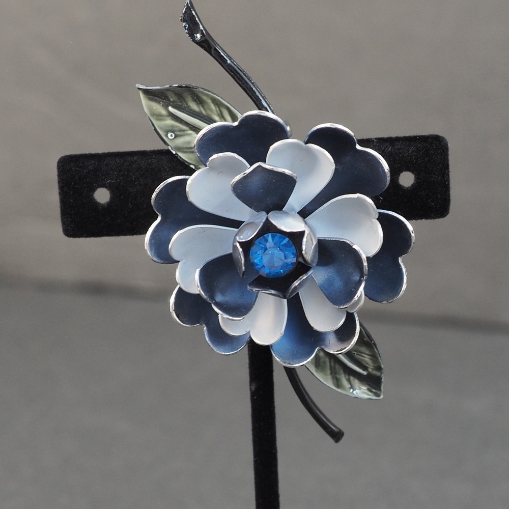 Coro Brooch Earrings Demi Parure Flower Enamel Blue Rhinestone Vintage Estate - Picture 2 of 15